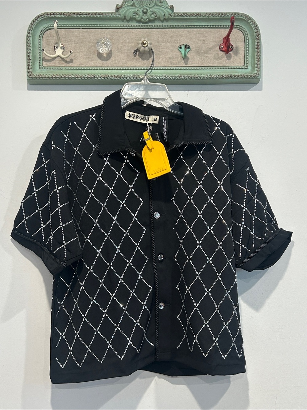 Watson Black Short-Sleeve Button-Down Shirt Diamond rhinestone embellishment top